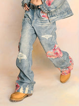 High Street Hip-hop Flared Jeans For Men And Women Summer Street Design LaceSplicing Mopping Pants