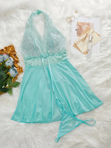 Elegant V-Neck Lace Halter Sleep Dress for Women - Sexy, Semi-Sheer Straight Skirt Nightgown with Micro Elasticity, Perfect for All Seasons