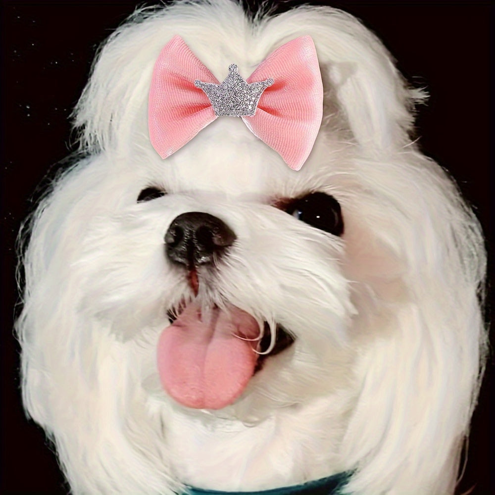 8pcs Adorable Pink Glitter Puppy Hair Bows with Crown Metal Clips - Handmade Pet Grooming Accessories for a Cute, Stylish Look, Dog Hair Styling|Glittery Pet Bow|Soft Texture Bow, Dog Hair Accessories