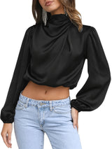 Women Satin Blouses Dressy Cowl Neck Long Sleeve Crop Tops