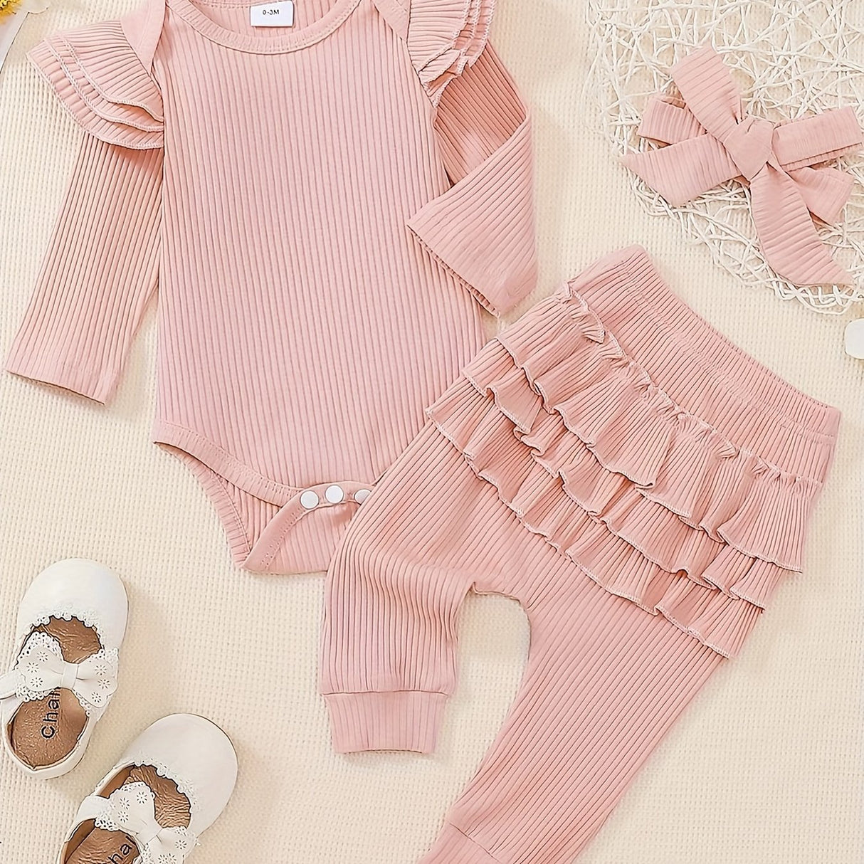 Baby Girl Clothes Newborn Romper Long Sleeve Infant Outfits 3pcs Ruffle Tops + Pants + Headband 0-18 Months, Infant Fall Wear | Bow Adorned Outfit | Soft Newborn Clothes, Newborn Girl Clothes, Perfect for Outdoor