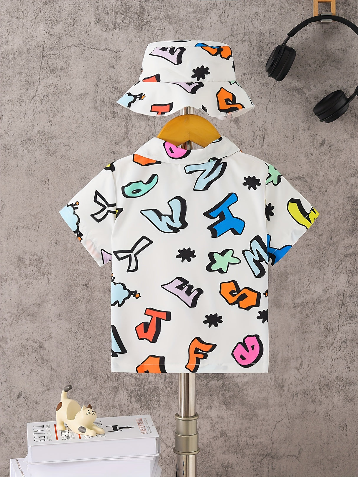 Cartoon Colorful Letter Print Boys Creative Shirt & Hat (Without T-shirt), Casual Short Sleeve Lapel Shirt Tops, Boys Clothes For Summer Outdoor