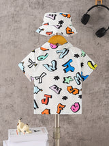 Cartoon Colorful Letter Print Boys Creative Shirt & Hat (Without T-shirt), Casual Short Sleeve Lapel Shirt Tops, Boys Clothes For Summer Outdoor