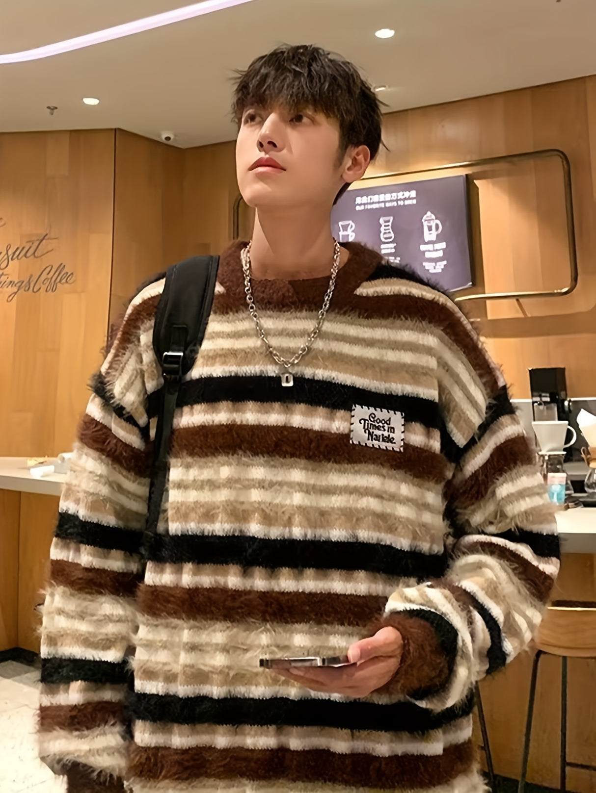 Cozy Striped Knit Sweater for Men - Casual Loose Fit, Color Block Design, Perfect for Fall/Winter