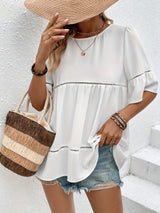 Solid Ruffle Trim Blouse, Vacation Cut Out Crew Neck Summer Blouse, Women's Clothing