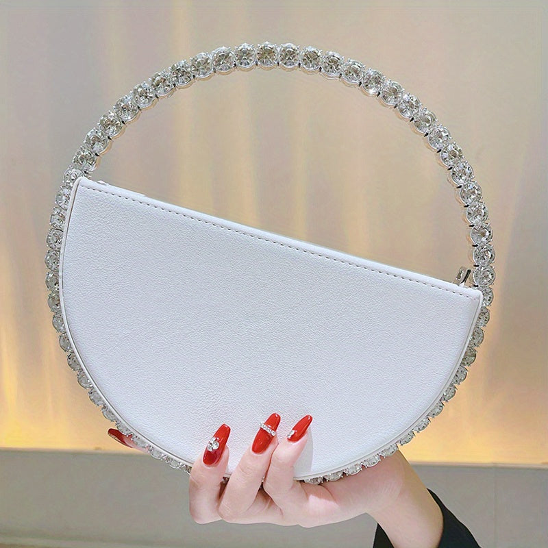 Luxurious Round Rhinestone Clutch Bag - Zipper Closure, Faux Leather Lining, Solid Color, Elegant Party Prom Wedding Handbag for Women - Trendy and Chic Evening Purse