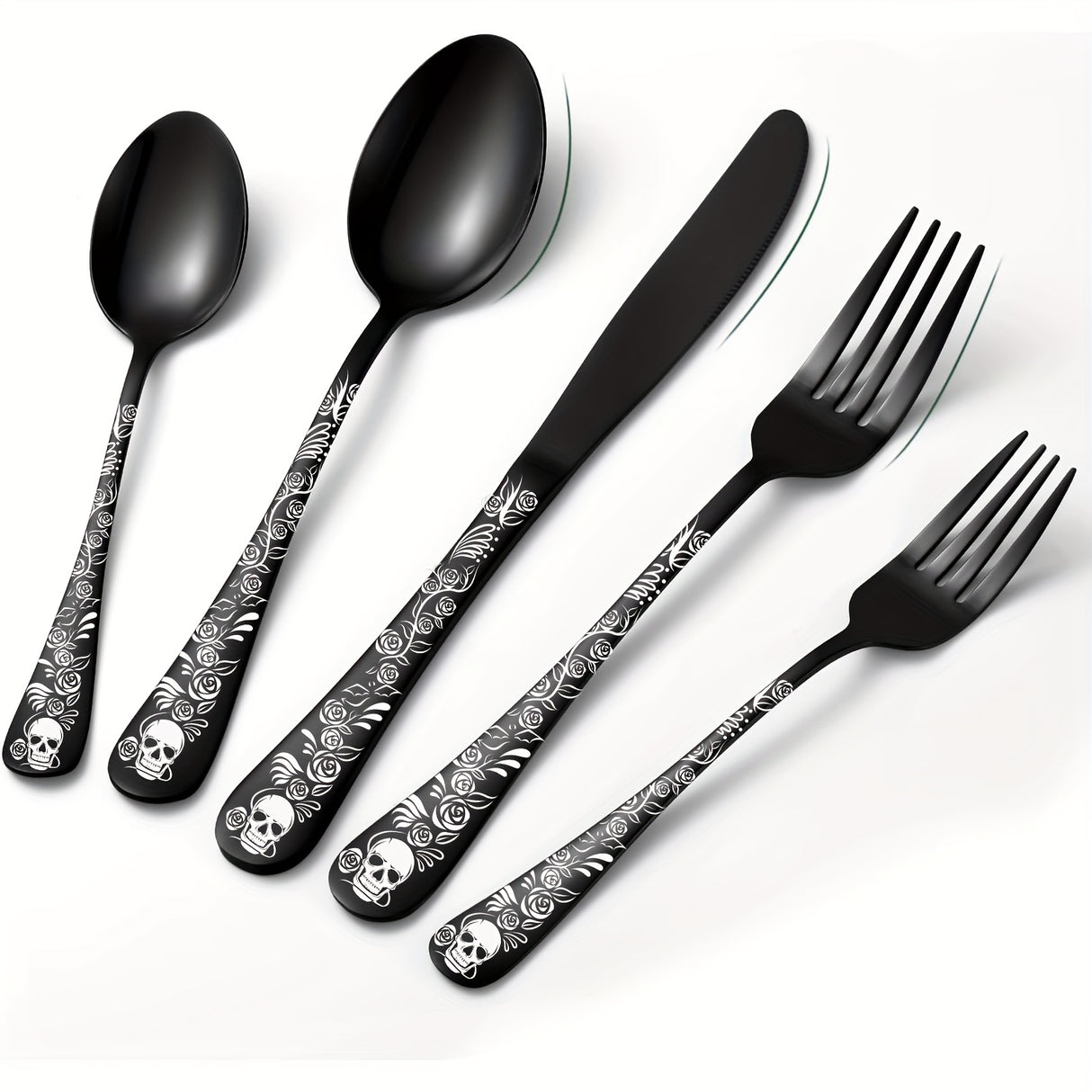 20/30pcs Gothic Design Cutlery Service For 4/6, Premium Stainless Steel Flatware Includes Spoon Fork And Knife, Cool Silverware With Skull&Rose Pattern, Mirror Polished, Nice Gift For Dark&Rock Lover/Halloween/Day Of The Dead