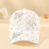 Lace Rhinestone Butterfly Baseball Cap Elegant Mesh Breathable White Sports Hats Adjustable Women Trucker Hats