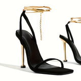 Women's Square Open Toe High Heels, Solid Color Ankle Chain Stiletto Sandals, Party & Dress Shoes