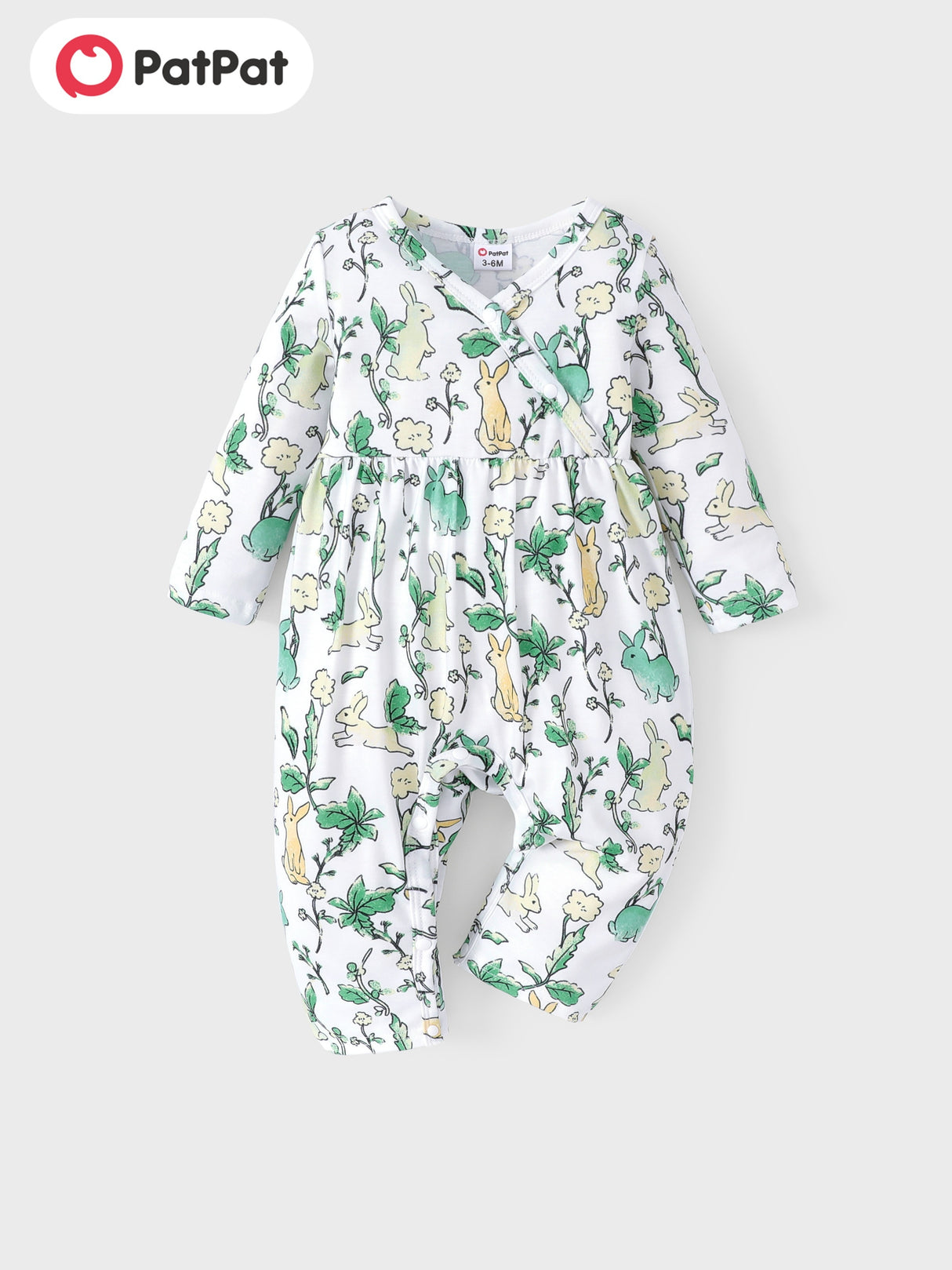 PatPat Baby Girl Cute All Over Rabbit Print/Solid Ribbed V Neck Short-sleeve Jumpsuit For Summer Outdoor Wear