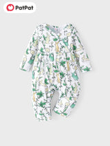 PatPat Baby Girl Cute All Over Rabbit Print/Solid Ribbed V Neck Short-sleeve Jumpsuit For Summer Outdoor Wear