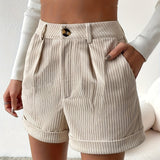 Chic Textured High Waist Shorts for Women - Button Front, Slant Pockets, Rolled Hem Design - Casual Everyday Wear