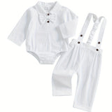 Baby Boy Gentleman Outfit Bow Tie Lapel Neck Long Sleeve Romper + Elastic Waist Suspender Pants Infant 2pcs Clothes Set for Wedding, for Outdoor