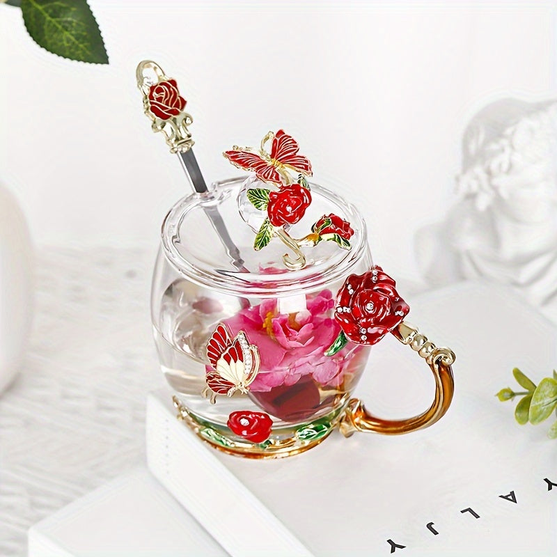 1pc, Exquisite Rose Enamel Butterfly Tea Cup - Heat Resistant, Clear Glass, Painted Flower Design, Elegant Coffee Mug, Tumbler, Ideal Breakfast Drinking Glass, Perfect Gift for Tea Lovers