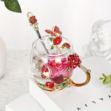 1pc, Exquisite Rose Enamel Butterfly Tea Cup - Heat Resistant, Clear Glass, Painted Flower Design, Elegant Coffee Mug, Tumbler, Ideal Breakfast Drinking Glass, Perfect Gift for Tea Lovers