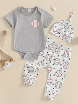 0-18 Months Baby Boy Summer Outfits Short Sleeve Romper Baseball Pants Hat Set, for Outdoor