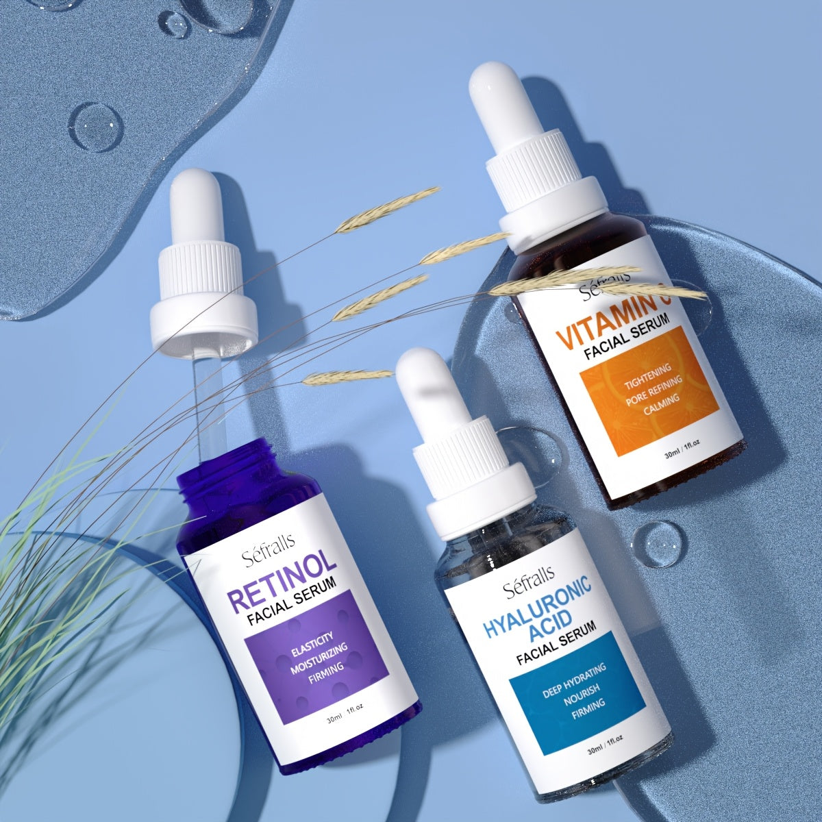 Seffralls Hyaluronic Acid VC Essence Set 1.01oz*3pcs with Vitamin-C Vitamin-A and Hyaluronic Acid Serum for Glistening, Firming Hydrating Dry Skin Serum for Firm Gift Festival Travel Set