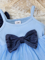 Baby Girl Outfit Denim Head Knot+Denim Short -Sleeved Jacket+Sling Mesh Skirt with 3 - 24 Months, Perfect for Outdoor