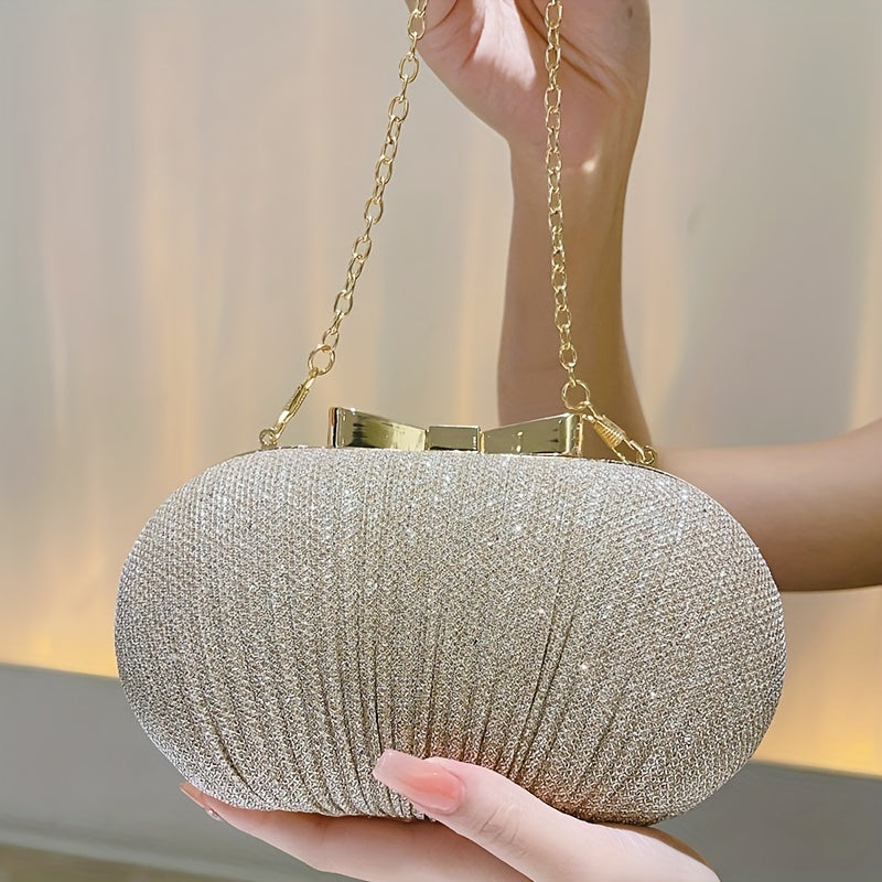Elegant Glitter Bow Knot Clutch Bag - Buckle Closure, Polyester Lining, Metal Chain Strap, Solid Color, Perfect for Party and Dinner Events - Stylish and Versatile Evening Handbag
