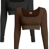 Women'S High-Intensity Yoga & Fitness Long Sleeve Crop Tops - Slimming, Stretchy, Four Seasons, Versatile Wear (2pcs Set), High-Waisted Design, Breathable Fabric, No Belt, Stretchy Fabric, Crop Top, Solid Color