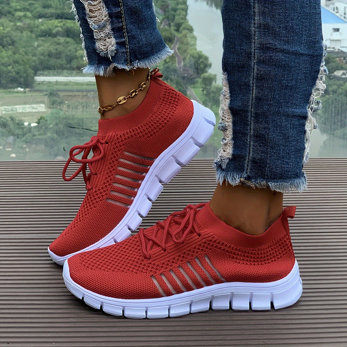 Women's Mesh Breathable Running Shoes, Solid Color Lace Up Front Summer Walking Shoes, Flying Woven Casual Sneakers