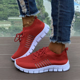 Women's Mesh Breathable Running Shoes, Solid Color Lace Up Front Summer Walking Shoes, Flying Woven Casual Sneakers