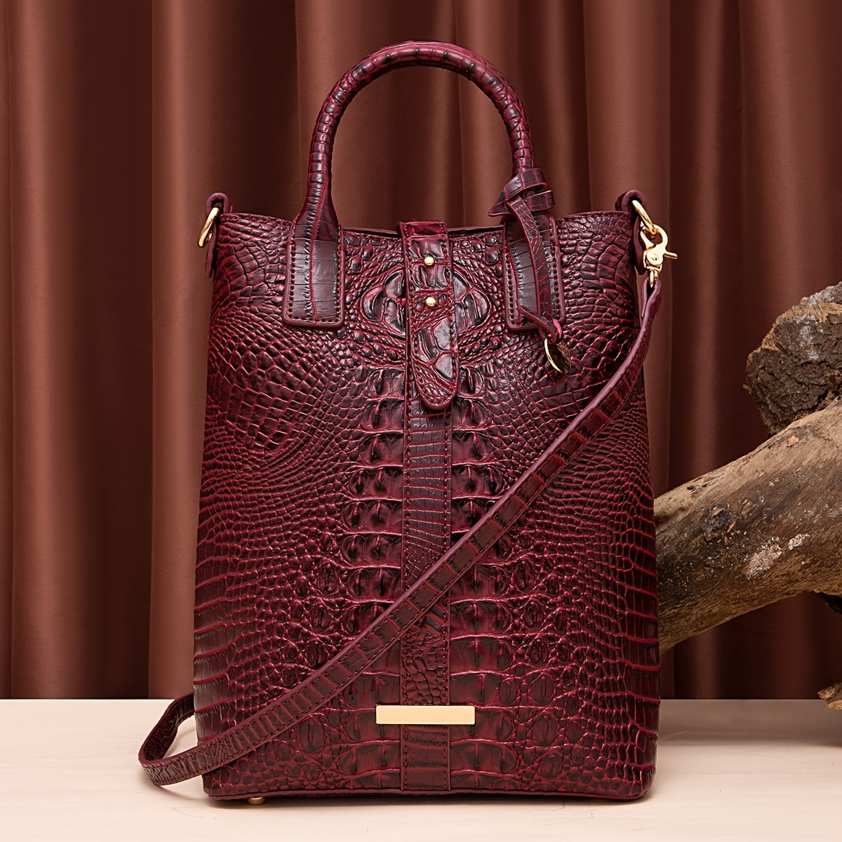 Luxurious Crocodile Embossed PU Tote Bag - Removable Strap, Buckle Closure, Edge Painted - Classic Womens Office and Work Purse for Trendy Ladies