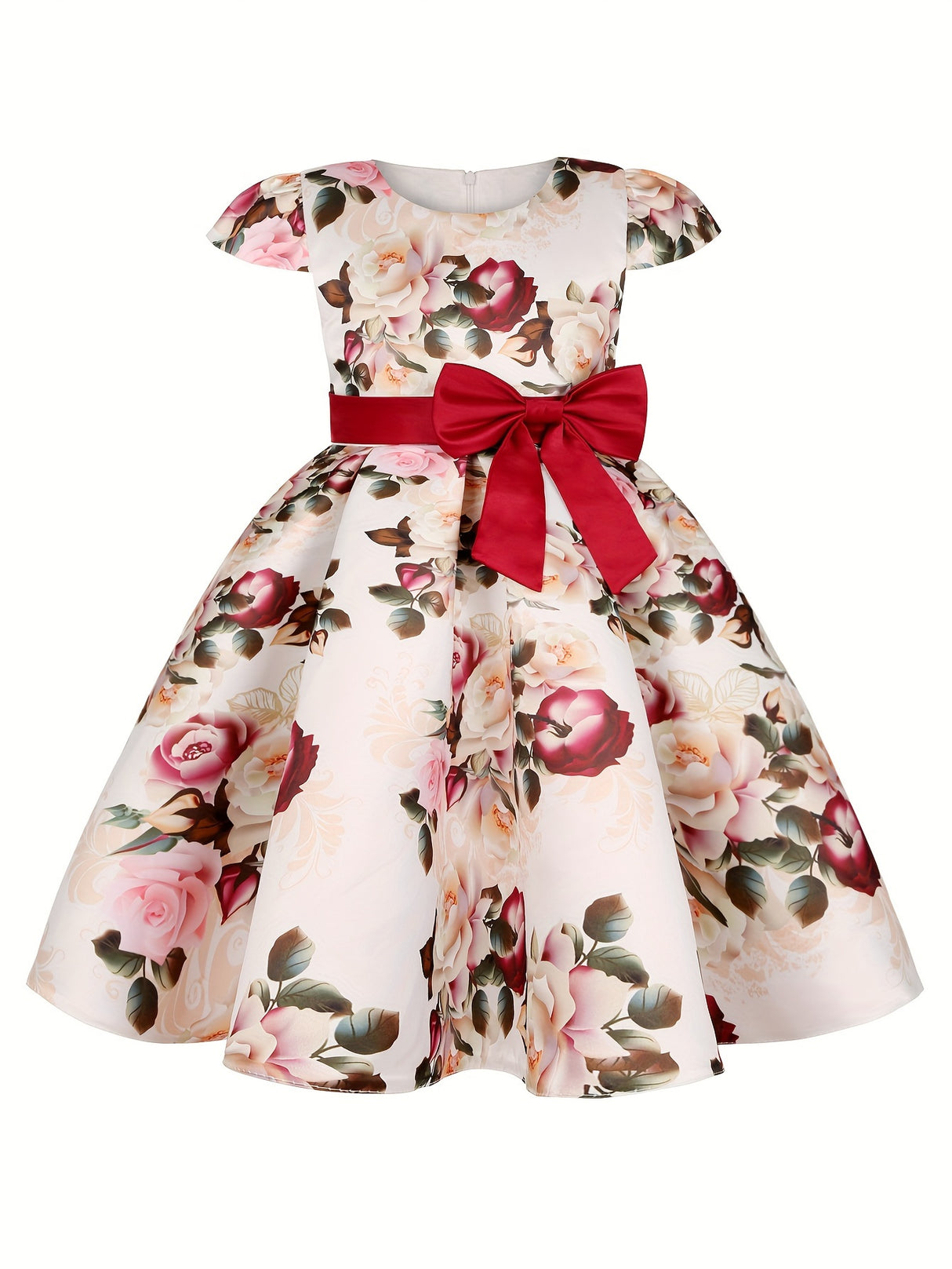 Girls Elegant Floral Pattern Dress Short Sleeves Dresses Kids Clothes For Winter Fall Christmas Gift Party