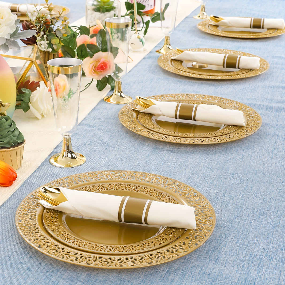 210pcs Solid Golden Disposable Plates with Golden Plastic Silverware and Cups for Party, Golden Plastic Plates Include: 30 Dinner Plates 30 Dessert Plates 30 Rolled Napkins with Cutlery 30 Cups