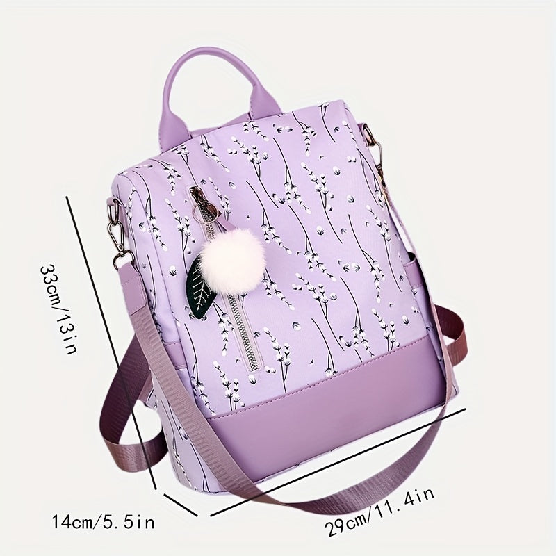 Pompom Decor Anti-Theft Travel Backpack Purse For Women - Floral Print Shoulder Bag - School Bag