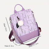 Pompom Decor Anti-Theft Travel Backpack Purse For Women - Floral Print Shoulder Bag - School Bag