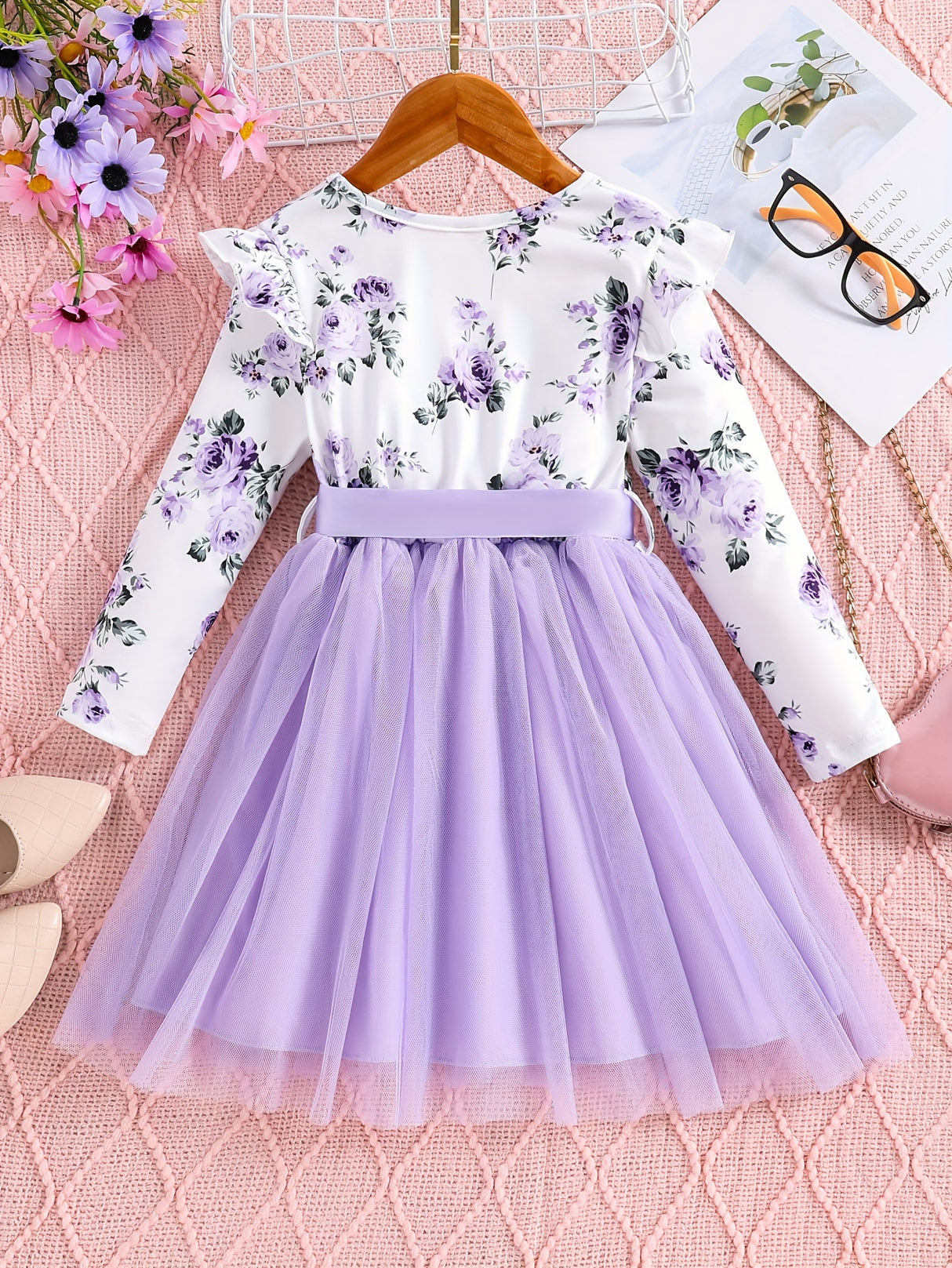 Girls Splicing Flora Print Flutter Trim Tutu Dress Kids Clothes Spring Fall Gift