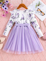 Girls Splicing Flora Print Flutter Trim Tutu Dress Kids Clothes Spring Fall Gift