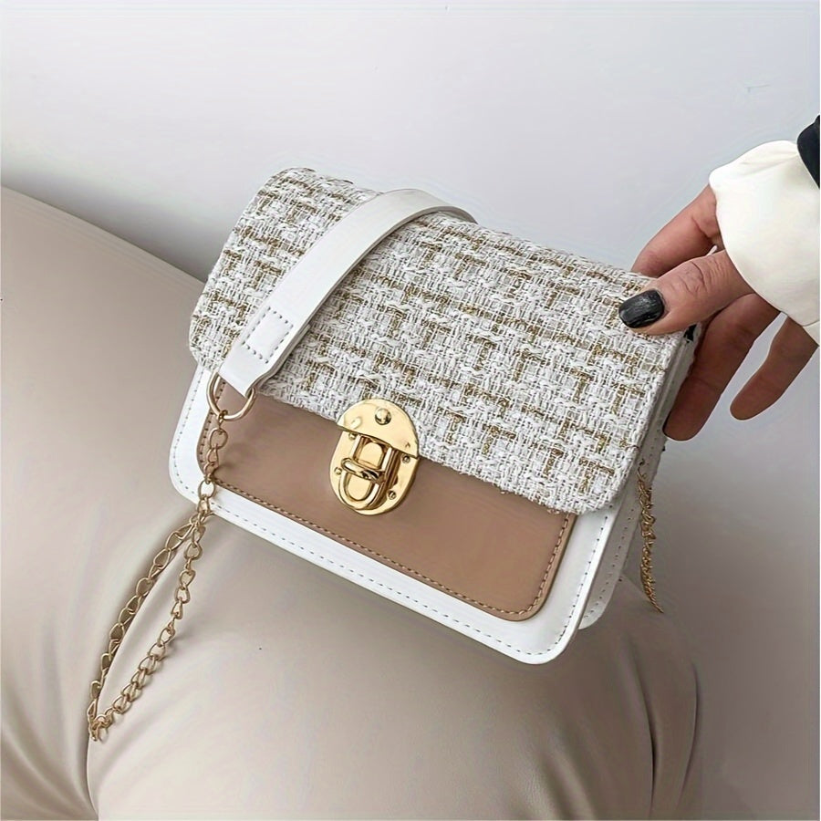 Fashion Tweed Chain Crossbody Bag, Mini Chain Square Purse, Trendy Turn Lock Shoulder Bag For Women