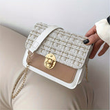 Fashion Tweed Chain Crossbody Bag, Mini Chain Square Purse, Trendy Turn Lock Shoulder Bag For Women