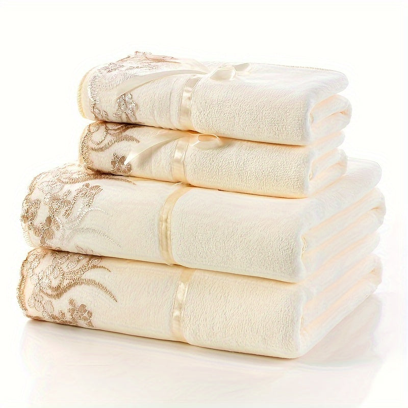 4pcs Luxury Lace Embroidered Towel Set - Ultra-Soft, Quick-Dry Microfiber, Durable & Decorative - Hotel-Grade Bath Linen for Home - Includes 2 Bath Towels & 2 Hand Towels, Premium Bathroom Essentials