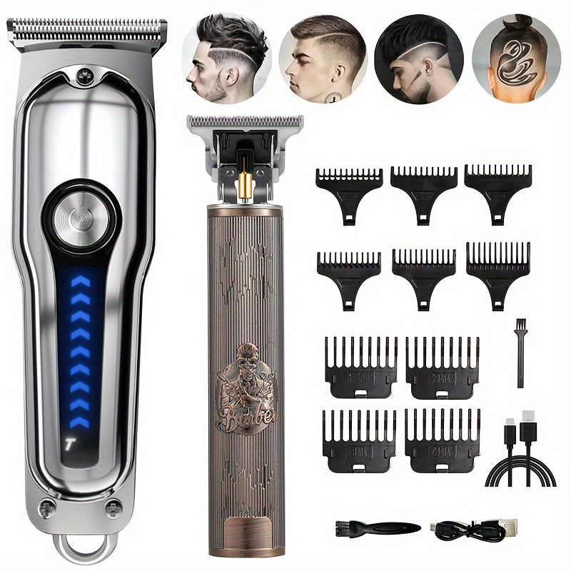2pcs/Set Professional Hair Clipper Set, USB Rechargeable Electric Razor Fine Cutter Beard Trimmer Razor Cordless Hair Cutting Machine For Men