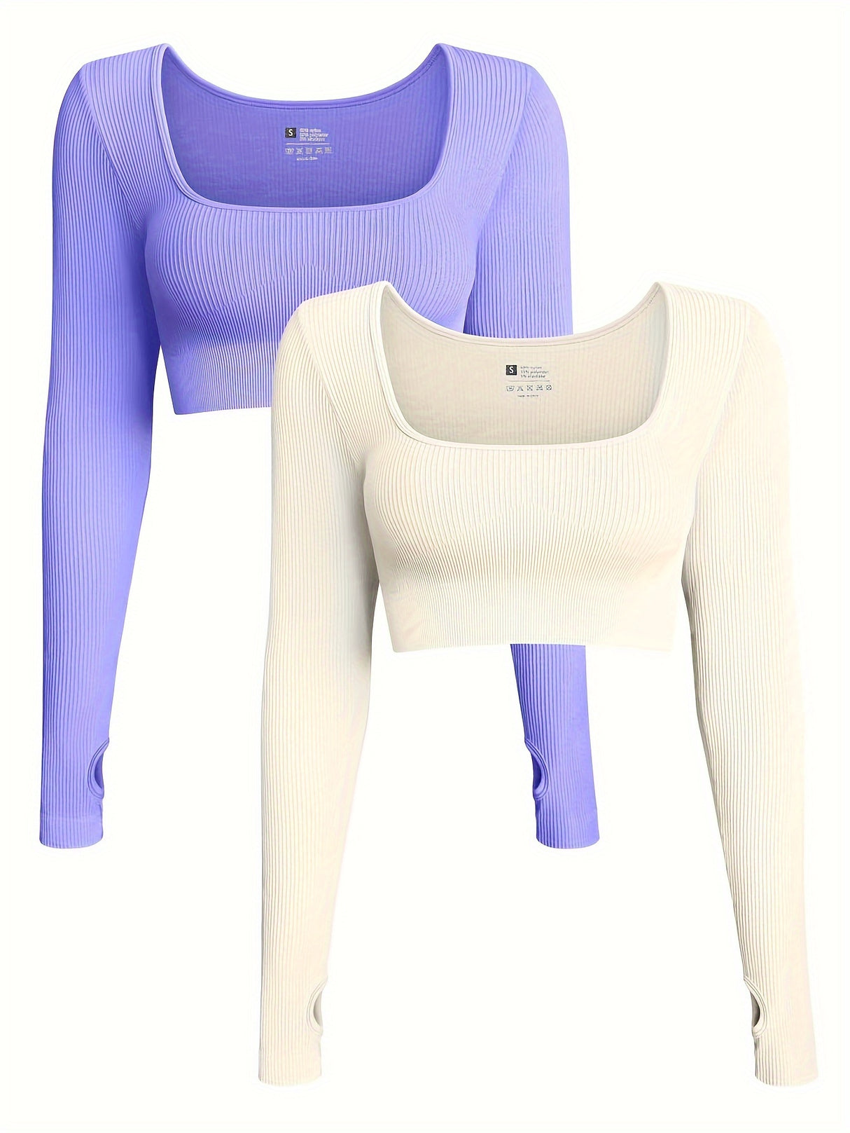 OQQ Women's 2 Piece Crop Top Ribbed Seamless Workout Exercise Long Sleeve Crop Tops