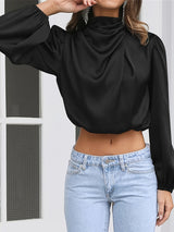 Women Satin Blouses Dressy Cowl Neck Long Sleeve Crop Tops