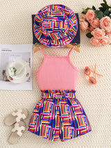 Toddler Girl's Geometric Pattern 3pcs, Ribbed Cami Top & Hat & Belted Shorts Set, Street Style Casual Outfits, Kids Clothes For Summer Vacation Music Festival