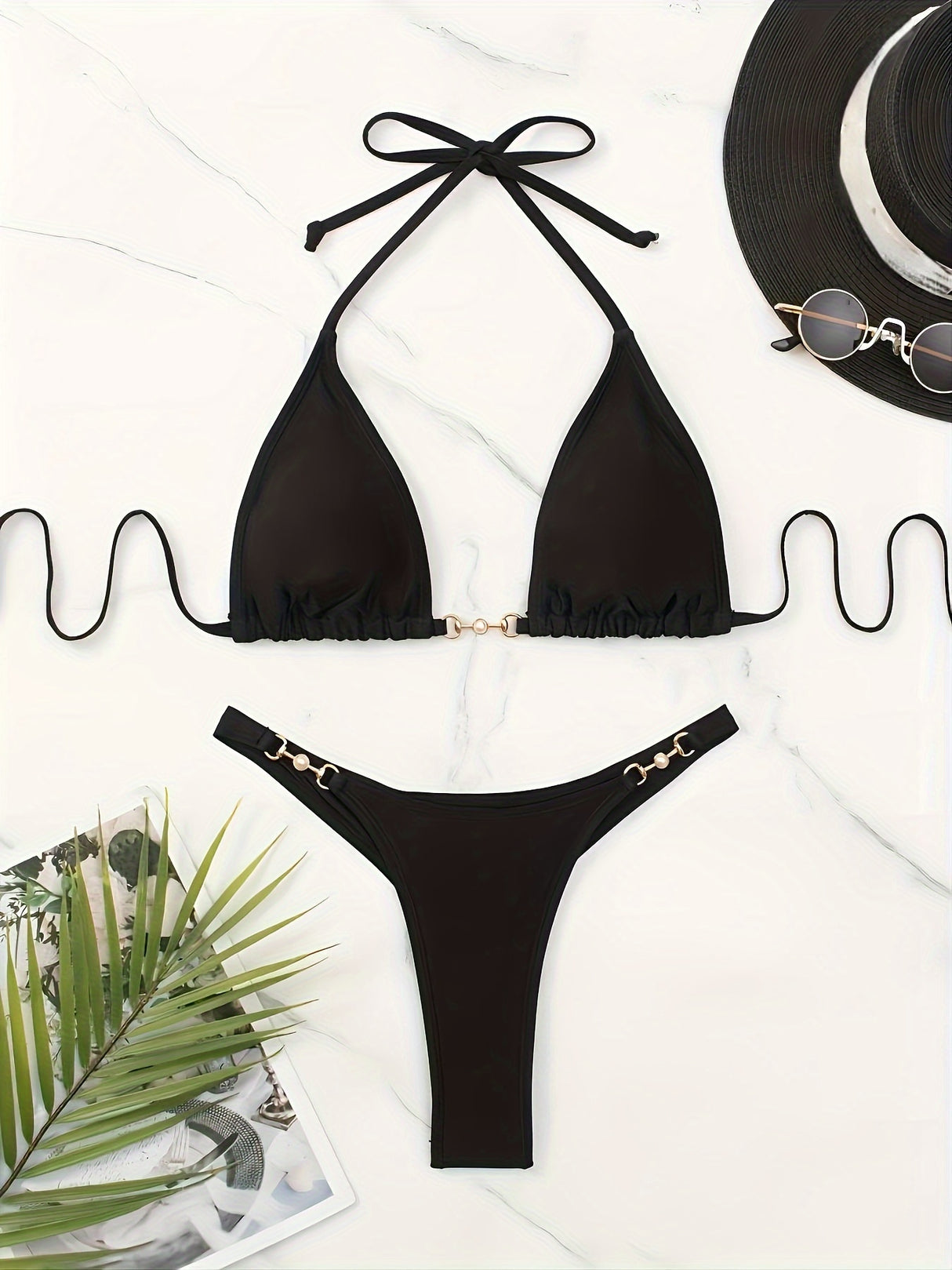 [Sexy Solid Bikini Swimsuit for Women] Beach Swimming Pool Sexy Buckle Solid Bikini Split Swimsuit for Women