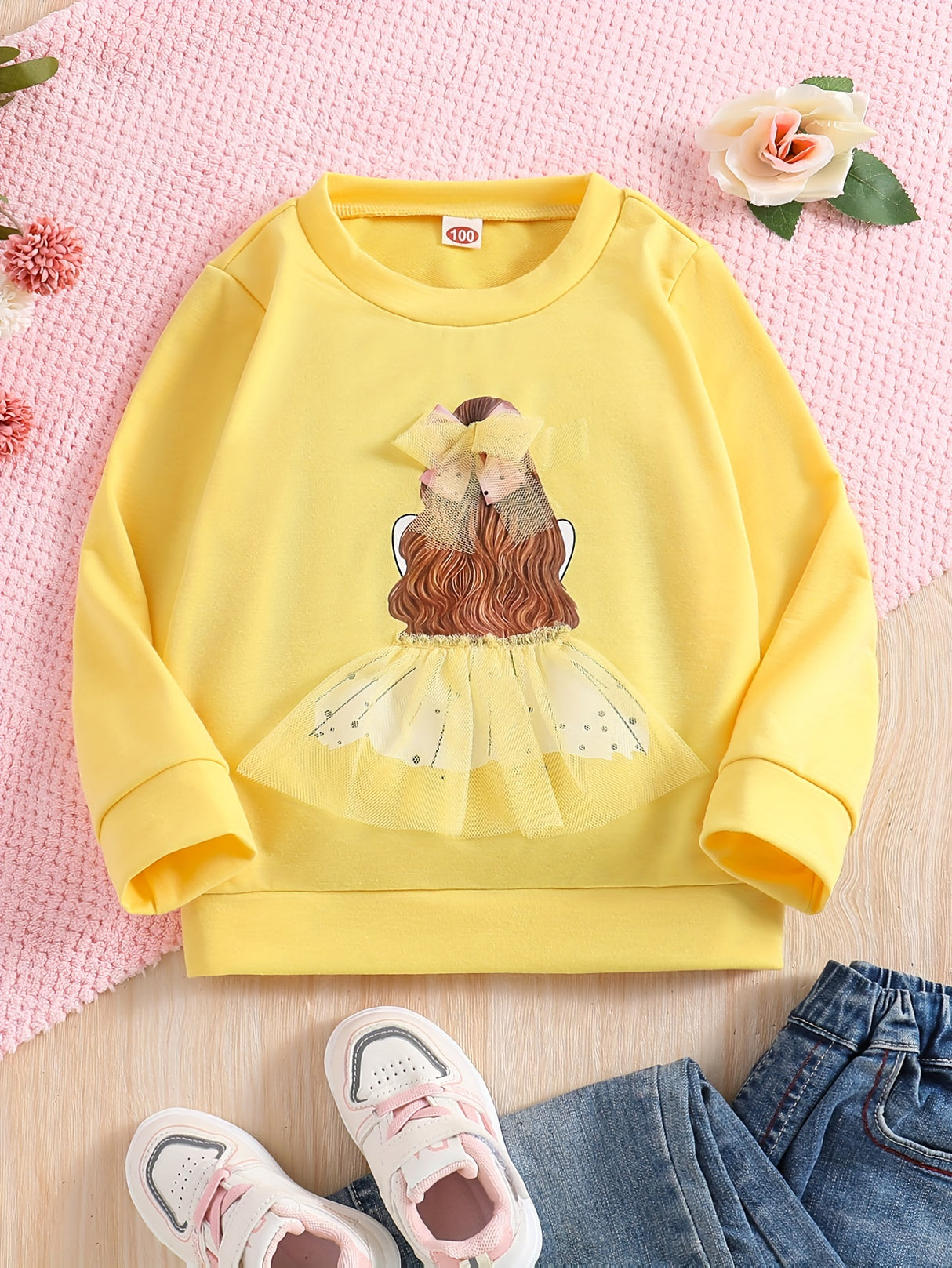 Girls, Mesh Bowknot Princess Design Pullover Long Sleeve Crew Neck Sweatshirt Tops, Kids Clothes For Spring Fall