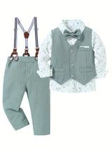 4pcs Toddler Boys Gentleman Outfit Set - Cotton Blend Long Sleeve Shirt, Bowtie, Vest, Suspender Pants with Floral Pattern for Wedding Party - All-Season Regular Fit, Woven Fabric, Single Breasted Lapel Collar, 5.0% Spandex,