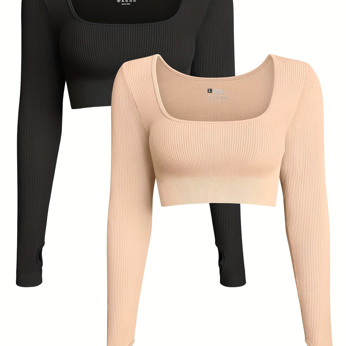 OQQ Women's 2 Piece Crop Top Ribbed Seamless Workout Exercise Long Sleeve Crop Tops