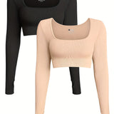 OQQ Women's 2 Piece Crop Top Ribbed Seamless Workout Exercise Long Sleeve Crop Tops