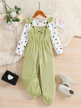 Girl's 2pcs, Bowknot Decor Corduroy Overalls & Heart Allover Print Top Set, Casual Outfits, Kids Clothes For Spring Fall
