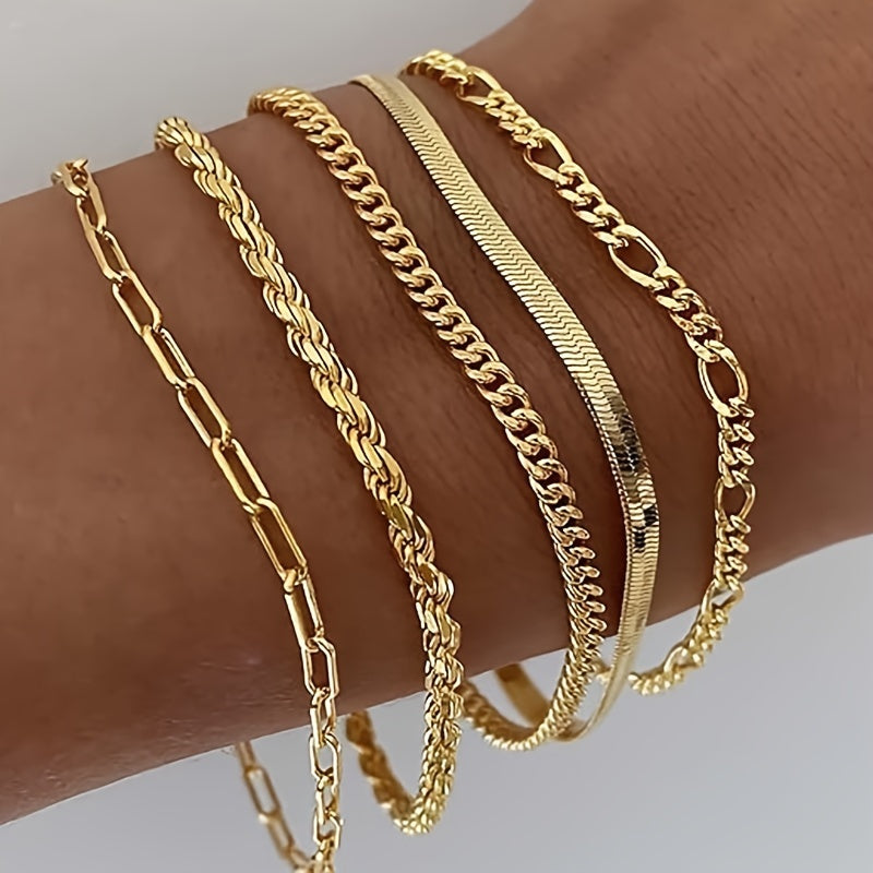 5pcs 14k Golden Plated Bracelets For Women, Cute Tennis Beaded Bracelets Exquisite Stainless Steel Jewelry For Women