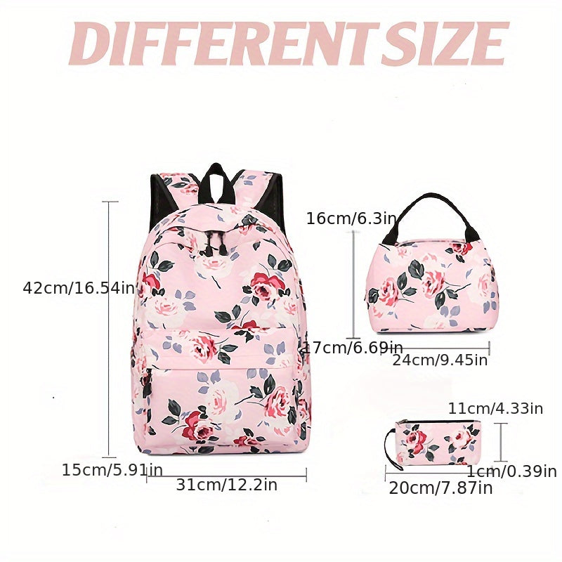 3-Piece Set Floral Fashion Backpack Collection - Stylish Student School Bag with Insulated Lunch Zipper Handbag & Detachable Zipper Clutch Bag for Girls and Women