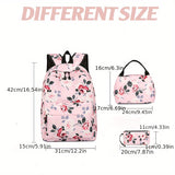 3-Piece Set Floral Fashion Backpack Collection - Stylish Student School Bag with Insulated Lunch Zipper Handbag & Detachable Zipper Clutch Bag for Girls and Women