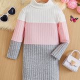 Girls Splicing Ribbed Knit Turtleneck Dress Kids Clothes Party Gift 3-8y